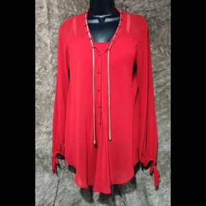 Bisou Bisou Ladies Red Sheer Blouse Button up